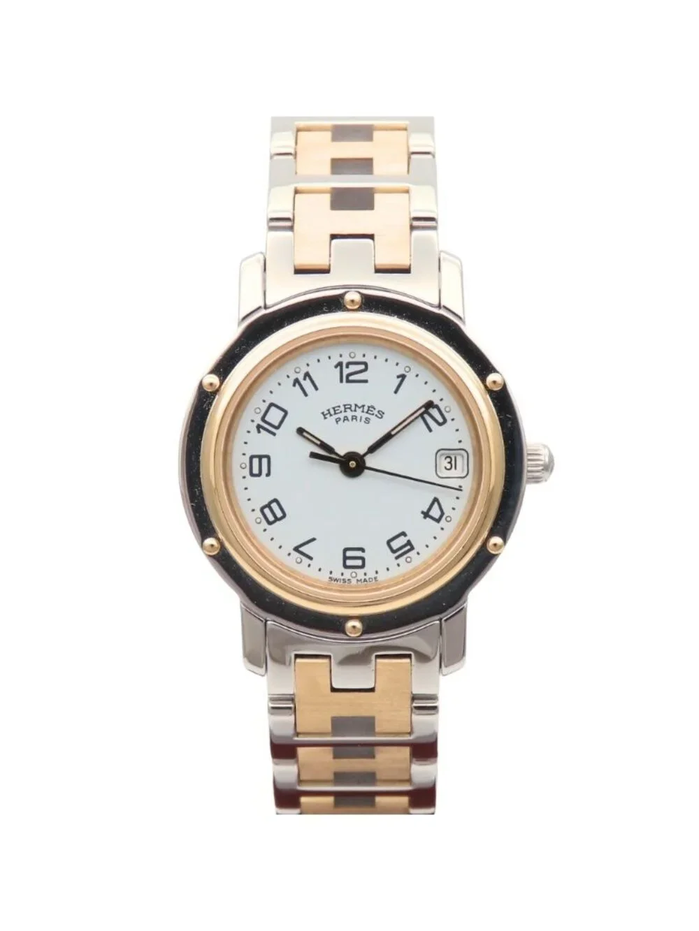 Hermes Watch Clipper Stainless Steel Silver Gold Dial White Plated SS